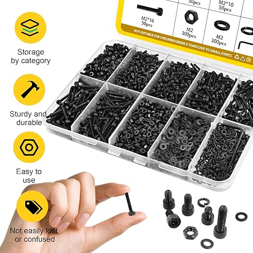 1200PCS M2 Screws with Nuts Assortment Kit, M2*4/6/8/10/12/16 mm, Hex Socket Head Cap Bolts, Nuts & Washers Assorted Set, 12.9 Grade Black Zinc Plated for 3D Printer,DIY
