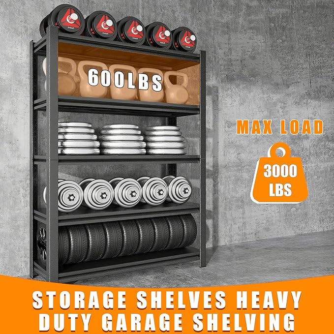 Garage Shelving Heavy Duty Garage Storage Shelves, 3600 LBS Adjustable 5 Tier Industrial Shelving Unit, Metal Utility Shelf for Basement, Warehouse and Workshop (72''Hx46''Wx16''D, Black)