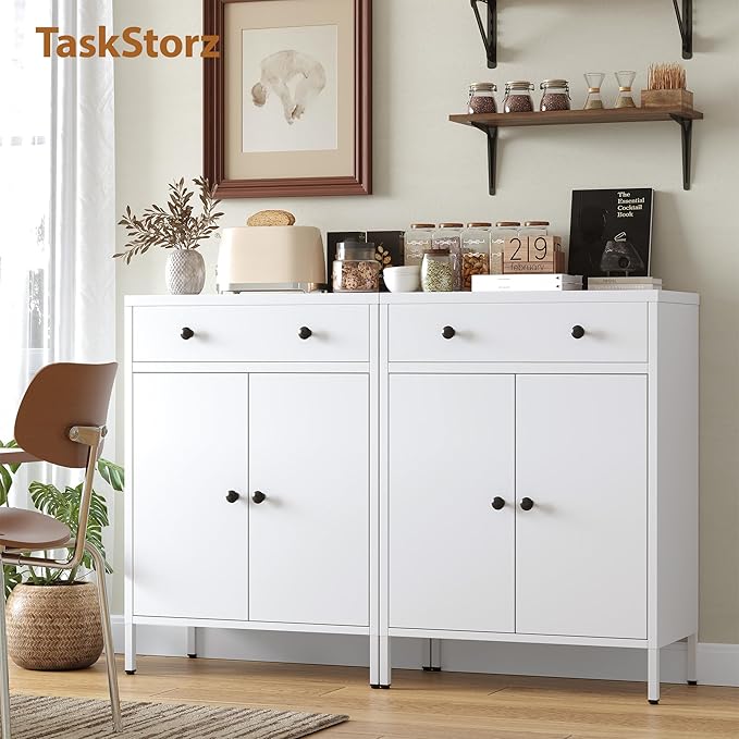 Metal Storage Cabinet with Drawer and Adjustable Shelf, 2-Piece Set White Steel Sideboard Buffet Cabinet, Coffee Bar Cabinet for Kitchen, Dining Room, Entryway