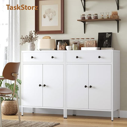 Metal Storage Cabinet with Drawer and Adjustable Shelf, 2-Piece Set White Steel Sideboard Buffet Cabinet, Coffee Bar Cabinet for Kitchen, Dining Room, Entryway