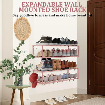 Expandable Wall Mounted Shoe Rack, 17"-31" Adjustable Hanging Shoe Rack Holds 8 Pairs, Heavy Duty Metal Shoe Holder with 2 Storage Hooks, Space Saving for Entryway Closet Doorway（Pink）