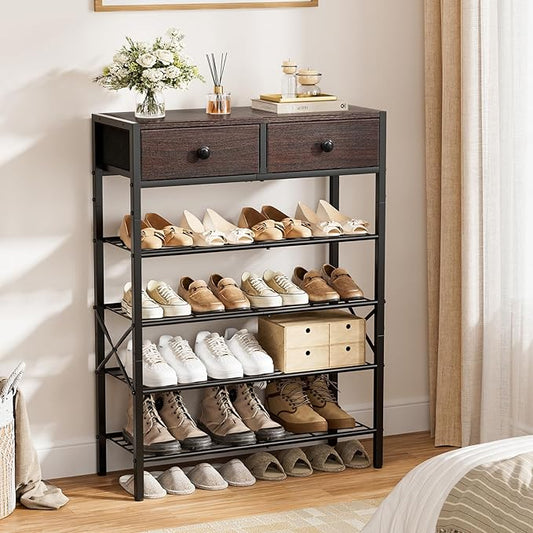Shoe Rack for Entryway, 5 Tier Shoe Organizer with 2 Non-Woven Drawers, Metal Storage Shoe Shelf for 16-20 Pairs of Shoes, with Wooden Top and Steel Frame, Shoe Stand for Closet Dark Brown