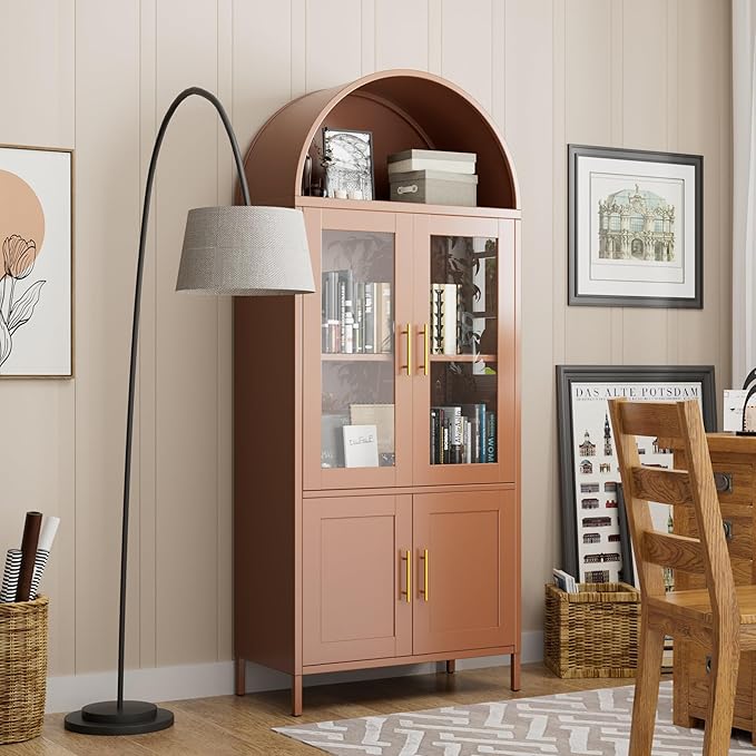 Metal Arched Pantry Cabinet with 2 Drawers,Brown Arched Kitchen Pantry Cabinet with Glass Door for Kitchen Home, Assemble Required,Brown,72.76"×30.83" W×16.10" D