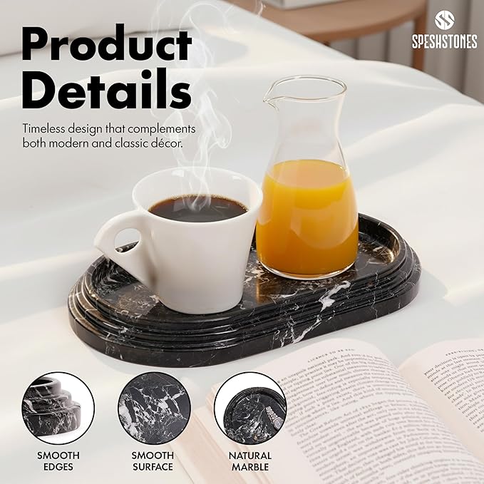 Marble Tray 9.75 Inch Handmade Black Bathroom Tray for Countertop Décor - Decorative Trays for & Gifts for her, Perfume, Candle, Jewelry & Vanity Accessories
