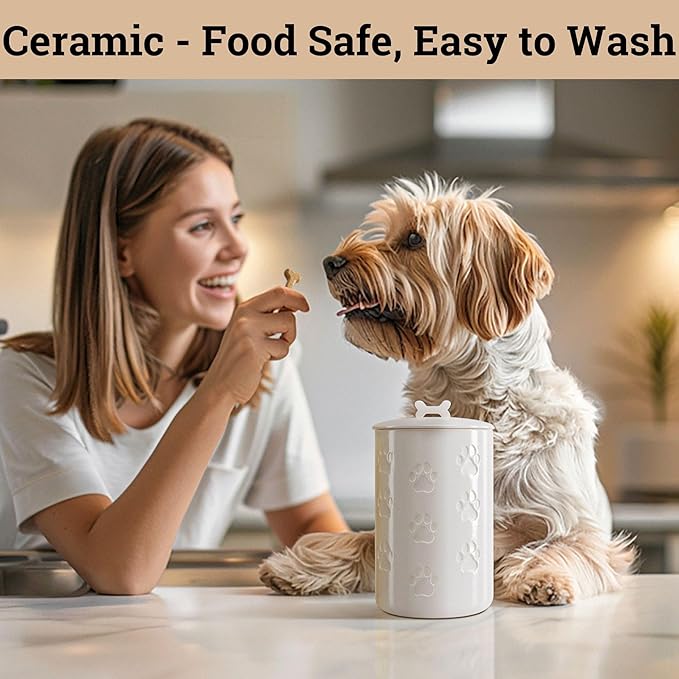 Dog Treat Container Airtight - 5 Inch Wide x 9 Inch Tall Ceramic Dog Treat Jar for Kitchen Counter with Airtight Lid - 7 Cup Capacity Pet Treat Container - Cute Doggie Cookie Jar - Big Treats Canister