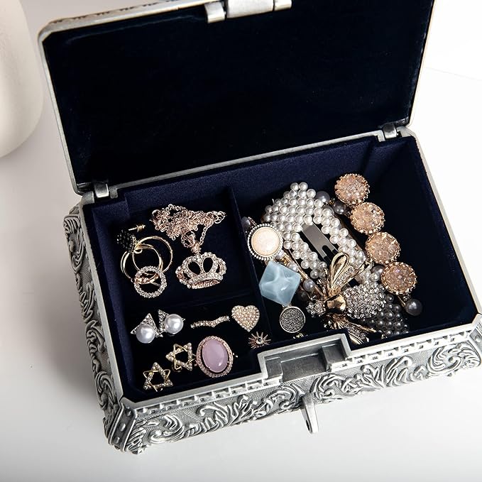 Feyarl Vintage Jewelry Trinket Box Earring Ring Treasure Chest Case Necklace Organizer Storage Decorative Keepsake Box for Girl Woman Christmas Gift Home Deco(6.7 x 4.7 x 3.5 inch)
