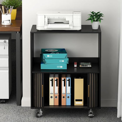 Printer Stand with Storage, File Cabinets with Sliding Doors, Rolling Printer Cart Under Desk with Open Storage Shelf for Home Office, Workspace (Black, 23.62" L)