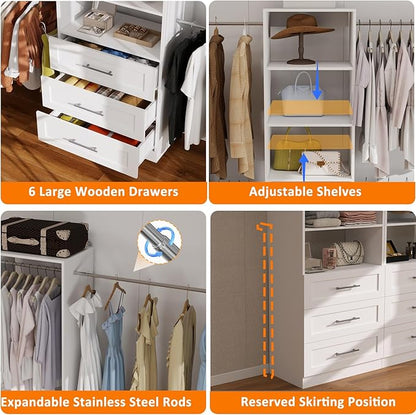 8FT Modular Closet System with 6 Drawers, Walk-in Closet Organizer System with 8 Expandable Hanging Rods & Adjustable Shelving Towers, Heavy Duty Wood Closet Storage for Bedroom, White(4 sets)