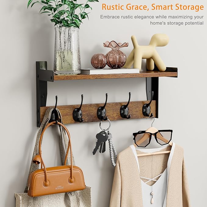 Wall Hooks with Shelf, Wood Coat Rack with Shelf Wall-Mounted, Entryway Hanging Shelves with 5 Metal Hooks for Clothes Hats Towel Purse Robes, Bathroom Mudroom Bedroom, Rustic Brown