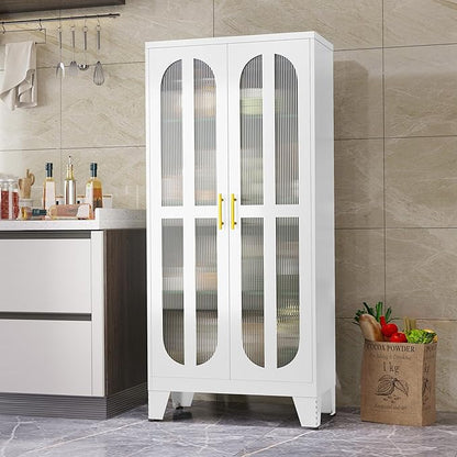 61" Metal Kitchen Pantry Storage Cabinet with 2 Acrylic Glass Doors ＆ 3 Adjustable Shelves, Versatile Food Freestanding Cupboard for Kitchen, Dining Room, Bathroom and Garage (White)