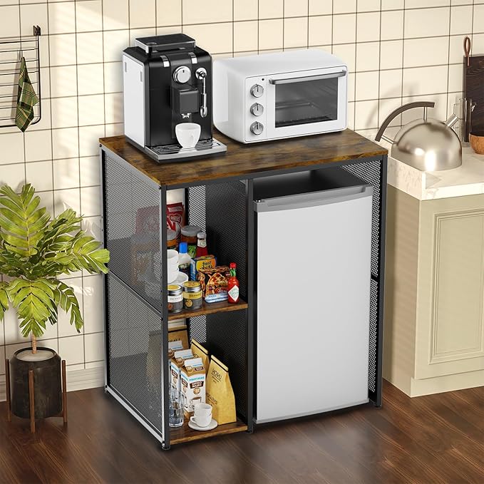 3-Tier Mini Fridge Cabinet with Storage, Industrial Style Kitchen Microwave Stand Baker Rack, Utility Storage Shelf with Mini Fridge Space for Home Kitchen Dorm, Vintage Wood