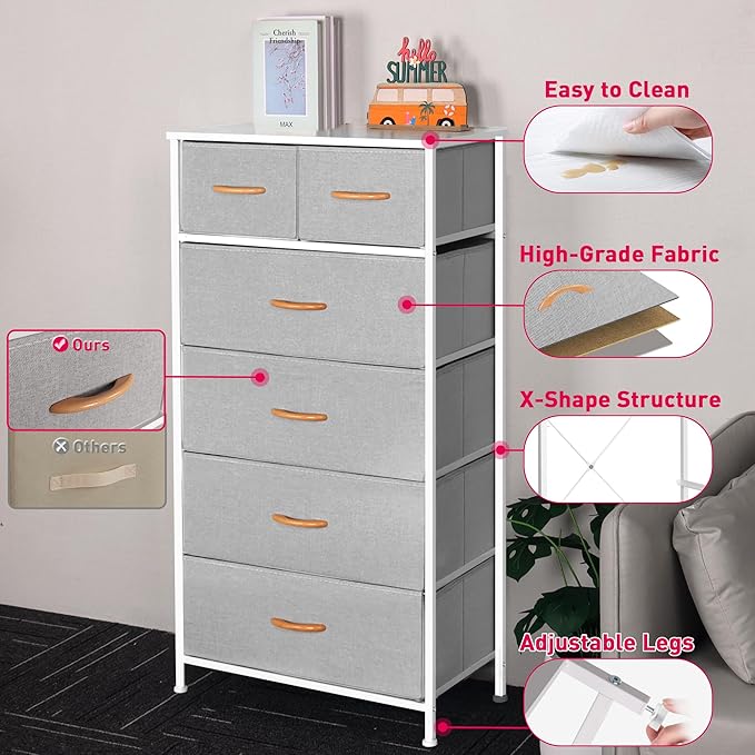 Mifuro Tall Dresser for Bedroom, Vertical Storage Organizer Tower with 6 Drawers, Chest of Drawers with Fabric Bins, Steel Frame, Wood Top for Bedroom, Closet, Entryway- Light Grey