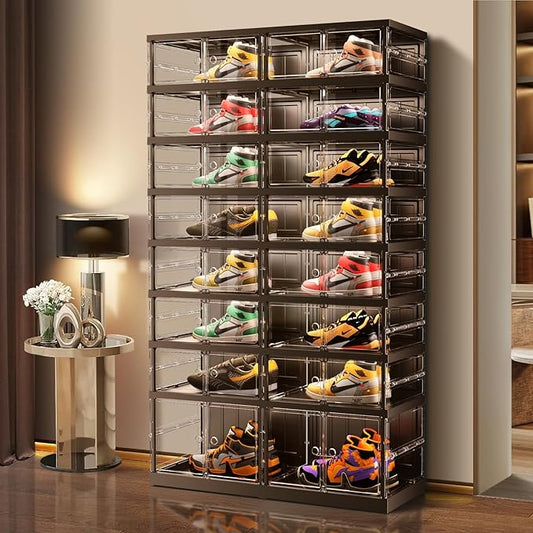 8 Tiers 16-32 Pairs Foldable Shoe Boxes Large Plastic Shoe Storage Rack Collapsible Shoe Organizer for Closet Clear Stackable Shoes Shelf Storage Cabinet with Doors Quick Assembly Black