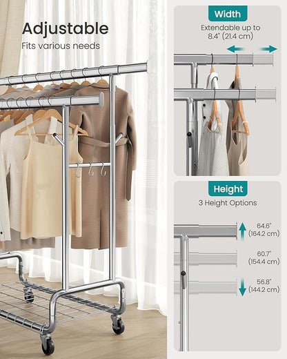SONGMICS Clothes Rack, Heavy-Duty Rolling Clothing Garment Rack with Wheels, Extendable Double Hanging Rods and Adjustable Height, Portable, with Shelf and Hooks, Silver UHSR015E01