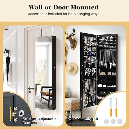 Giantex Wall Door Mounted Jewelry Armoire Cabinet with 47.5" H Full Length Mirror, 2 LEDs Lockable Jewelry Organizer Box with Bracelet Rod, 2 Drawers, Large Storage Capacity (Black)