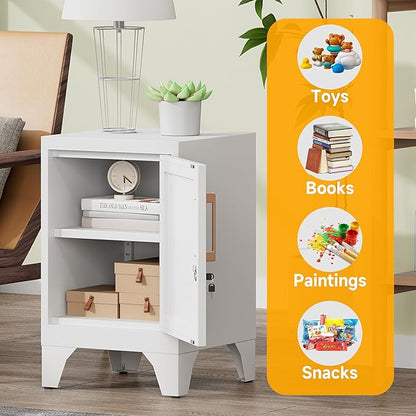 23.6" H Metal Locker Nightstand Set of 2,White Locking Night Stand with Door and Adjustable Shelf, Small Locker Cabinet with Detachable Legs for Home Office,Living Room or Bedroom,Easy Assembly