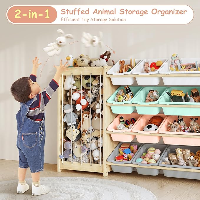 Kids Toy Storage Organizer, 2-in-1 Stuffed Animal Storage & Toy Organizer w/12 Bins, Solid Wood Toy Rack Featuring Thicker Elastic Ropes to Hold Toys, Playroom Nursery Bedroom Storage, Multi