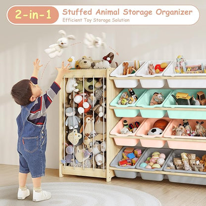 Kids Toy Storage Organizer, 2-in-1 Stuffed Animal Storage & Toy Organizer w/12 Bins, Solid Wood Toy Rack Featuring Thicker Elastic Ropes to Hold Toys, Playroom Nursery Bedroom Storage, Multi