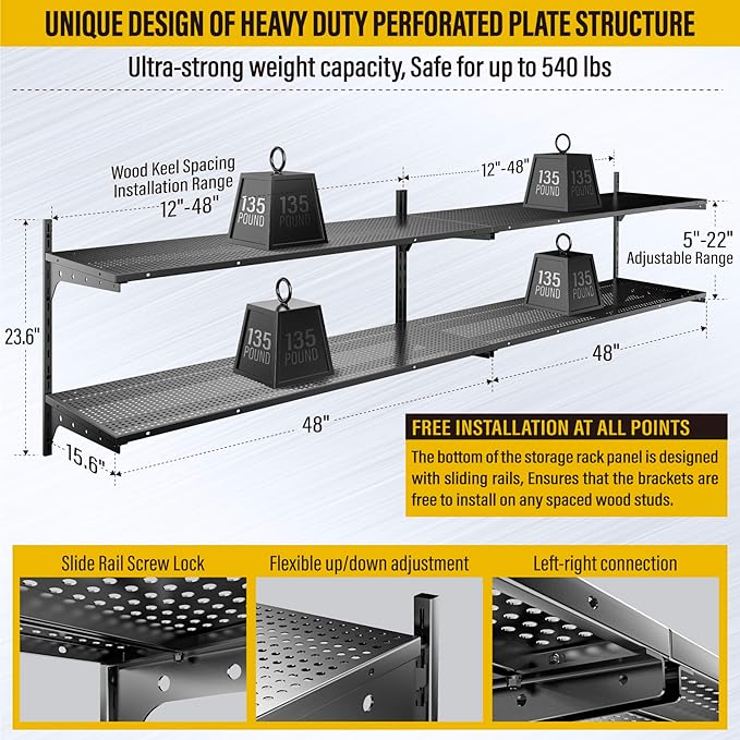 2-Pack 2 Tier 1.3x4ft Garage Shelving Wall Mounted, 15.6x48inch per Shelf Height Cassette Adjustable Floating Shelves(Black)