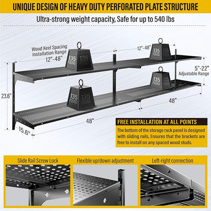 2-Pack 2 Tier 1.3x4ft Garage Shelving Wall Mounted, 15.6x48inch per Shelf Height Cassette Adjustable Floating Shelves(Black)