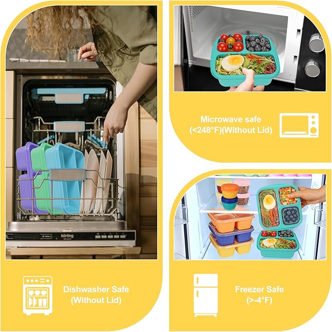 Bento Box For Kids, 4 Pack 3 Compartments Lunchable Meal Prep Containers Lunch Containers, Reusable Snack Containers with Lids, Snack Boxes for School, Work, and Travel