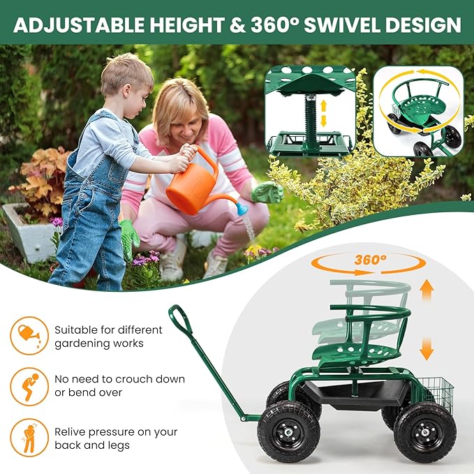 Giantex Rolling Garden Cart, 360 Swivel Workseat with 4 Wheels, Removal Cushion & Tool Tray, Storage Basket, Gardening Wagon Scooter with Adjustable Height, Handle (Green)