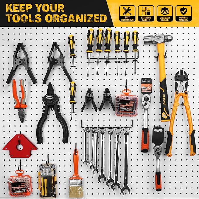 ELEAD 200-Piece Extra Thick Pegboard Hooks Set, 1/4" Heavy Duty Black Peg Board Organizer Accessories, Metal Pegboard Accessories with Pegs Lock, Peg Board Hooks for Hanging