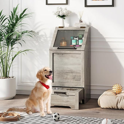 Garvee Dog Feeding Station with 2 Elevated Bowls, Dog Food Storage Cabinet, Flip Top Pet Feeding Station, Food Storage Container, Pet Toy Organizer, Grey