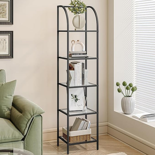 Bookcase Bookshelf, Tempered Glass Arched Bookshelf for More Storage, Slim Shelving Unit for Bedroom, Bathroom, Home Office, Steel Frame, 5 Tier Black BC20599B