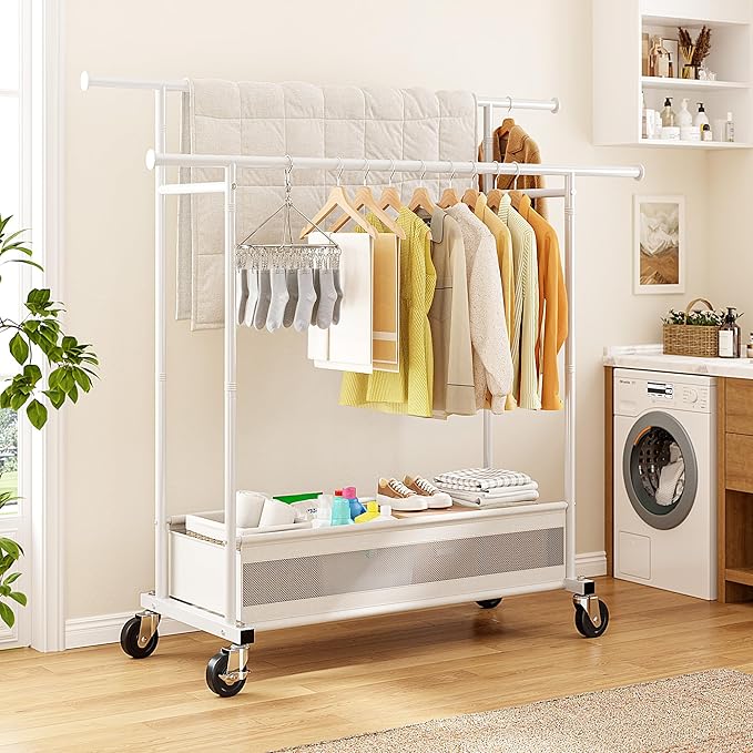 Clothes Rack, Double rods clothing rack, Clothing Racks for hanging clothes, Rolling clothes rack with Storage Basket & Heavy Duty Wheels, garment rack for Bedroom, Laundry Room, White