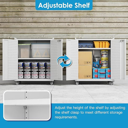 Garage Storage Cabinet with Wheels & Pegboard, Locking Metal Storage Cabinet with Doors and Shelf & 4 Hooks for Garage, Home, Workshops, Small Tool Cabinets, Assembly Required, White
