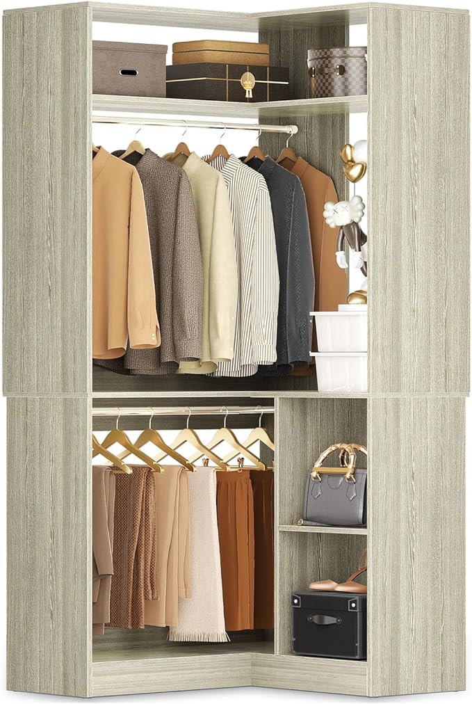 Aheaplus Corner Closet System with Shelves, 34’’ Closet Organizer System with Hanging Rods, Wood Walk-in Closets for Corner Small Space,Freestanding Corner Tower, L Shaped Garment Rack, Black