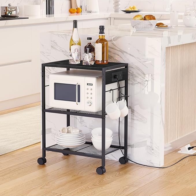 HOOBRO Industrial Printer Stand, 3-Tier Mobile Printer Table, Rolling Cart with Power Outlets and USB Ports, Home Printer Stand with 2 Hooks, for Office, Living Room, Black BB22UPS01
