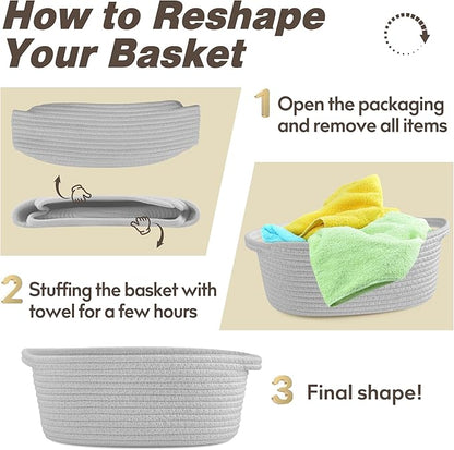 Pro Goleem Small Woven Basket with Gift Bags and Ribbons Durable Baskets for Gifts Empty Small Rope Basket for Storage 12"X 8" X 5" Baby Toy Basket with Handles, Gray