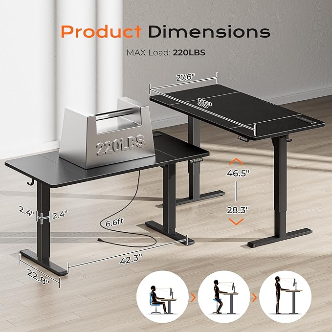 Huuger 55 x 28 Large Electric Standing Desk with 4 AC Outlets, Type-C Port, Height Adjustable Computer Desk, 27.6" Deep Desktop, Stand up Gaming Office Desk, 3 Preset Heights, for Home Office, Black
