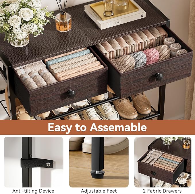Shoe Rack for Entryway, 5 Tier Shoe Organizer with 2 Non-Woven Drawers, Metal Storage Shoe Shelf for 16-20 Pairs of Shoes, with Wooden Top and Steel Frame, Shoe Stand for Closet Dark Brown
