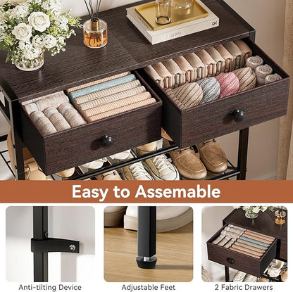 Shoe Rack for Entryway, 5 Tier Shoe Organizer with 2 Non-Woven Drawers, Metal Storage Shoe Shelf for 16-20 Pairs of Shoes, with Wooden Top and Steel Frame, Shoe Stand for Closet Dark Brown