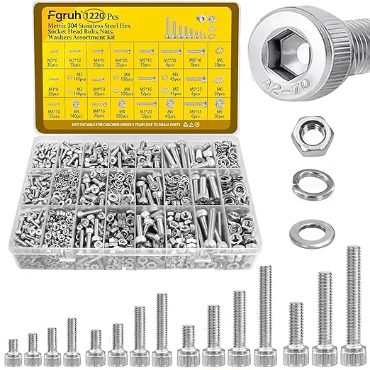 1220PCS M3 M4 M5 M6 Metric Screws Assortment Kit,Hex Socket Head Cap Bolts Nuts and Washers Assorted Kit,304 Stainless Steel Hardware Set for DIY, 3D Printer