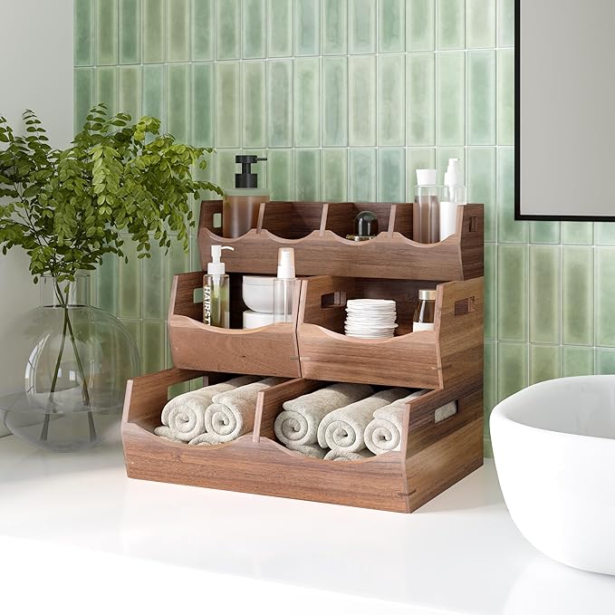 Seville Classics Acacia Wood Premium Organizer Storage Bins for Kitchen Silverware, Pantry, Closet, Office Desk, Pens, Utensils, Makeup, K Cup, Acacia, Stackable Bin Set (4 Piece)