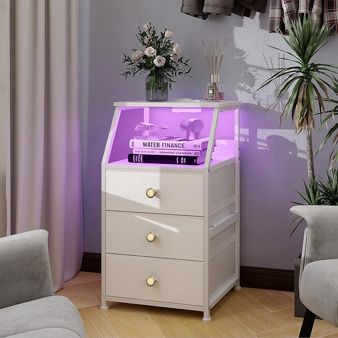Tohomeor Dresser with Fabric Drawers Nightstand with 2 Tier Shelf Storage Tower for Bedroom Hallway Entryway Closet Organizer Sofa Beside Table Furniture (White, 3 Drawers)