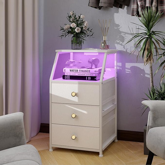 Tohomeor Dresser with Fabric Drawers Nightstand with 2 Tier Shelf Storage Tower for Bedroom Hallway Entryway Closet Organizer Sofa Beside Table Furniture (White, 3 Drawers)