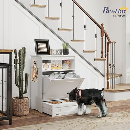 PawHut Dog Feeding Station with Raised Bowls & Storage Cabinet, Pet Feeder Cabinet Container with Hanger for Feeding & Watering Supplies, Dog Food Organizer, White
