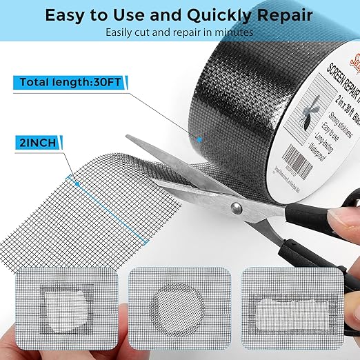 Black Window Screen Repair Tape, 2 in X 30 FT (360IN) Screen Repair Kit for Windows or Doors, Strong Adhesive Fiberglass Mesh Patch Tape (Pack of 2)