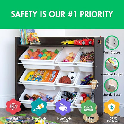Humble Crew Toy Storage Organizer with Top Shelf and 9 Removable Bins, Espresso/White – Toddler Bookshelf with Toy Organizer - Modern Toy Rack Ideal for Kids' Rooms, Playrooms, and Nurseries