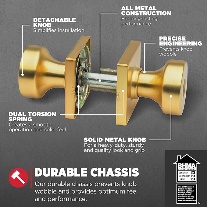 Kwikset Pismo Entry Door Knob with Lock and Key, Secure Keyed Handle Exterior Doorknob, Front Entrance and Bedroom, Satin Brass, Square, Pick Resistant SmartKey Rekey Security, Microban Protection
