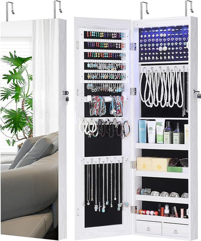 GISSAR Full Length Mirror Jewelry Cabinet, 6 LEDs Jewelry Armoire Wall Mounted Over The Door Hanging, Jewelry Organizer Storage with Lights Lockable White