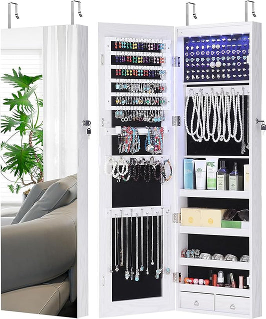GISSAR Full Length Mirror Jewelry Cabinet, 6 LEDs Jewelry Armoire Wall Mounted Over The Door Hanging, Jewelry Organizer Storage with Lights Lockable White