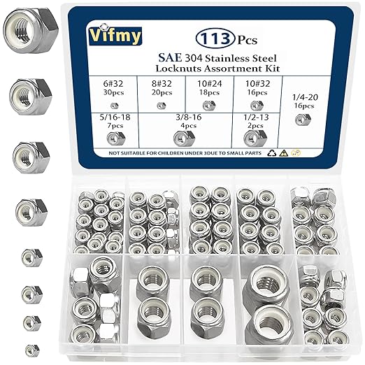 113PCS Locknuts Assortment Kit, 6#32 8#32 10#24 10#32 1/4-20 5/16-18 3/8-16 1/2-13 SAE Lock Nuts, 304 Stainless Steel Nylon Insert Hex Lock Nuts, Hex Drive