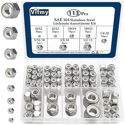 113PCS Locknuts Assortment Kit, 6#32 8#32 10#24 10#32 1/4-20 5/16-18 3/8-16 1/2-13 SAE Lock Nuts, 304 Stainless Steel Nylon Insert Hex Lock Nuts, Hex Drive
