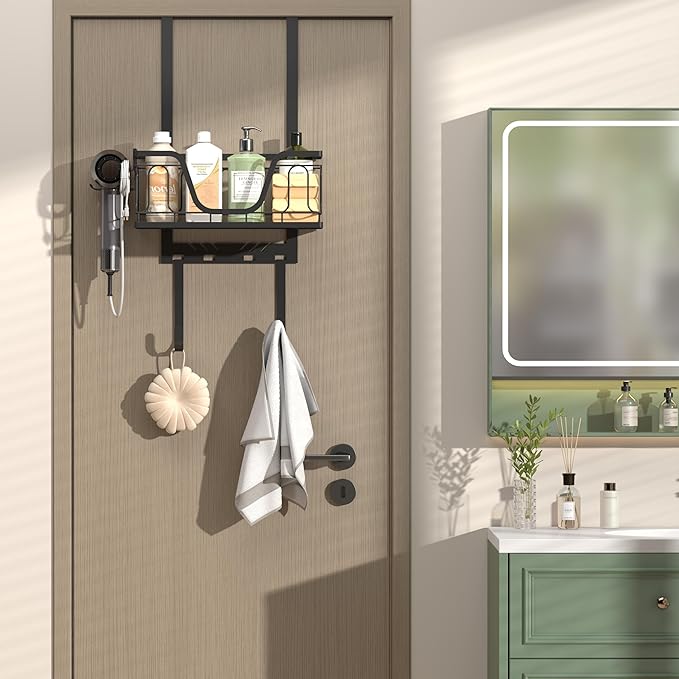 Ironing Board Hanger, CUFURNIX 2-in-1 Wall-Mount & Over-Door with Large Basket & Side Hooks, Black, Fits T&Y Shaped Legs, Space Saving Iron Holder for Laundry, Sewing Room Decor and Accessories